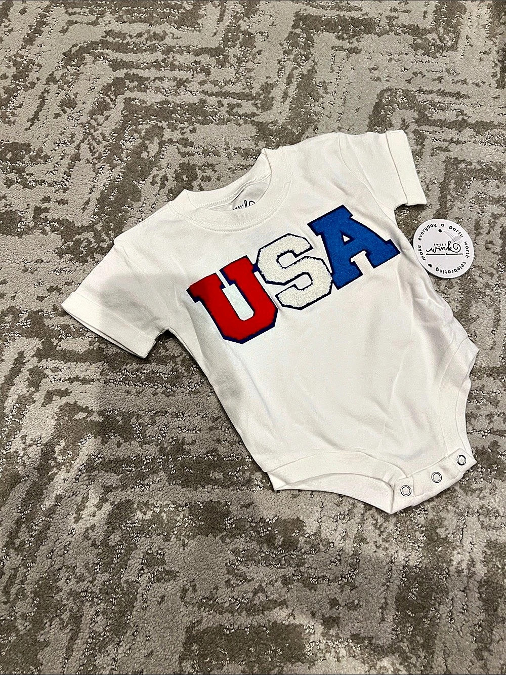 minky USA Graphic Baby Bodysuit in White & Blue Size 3-6M NWT